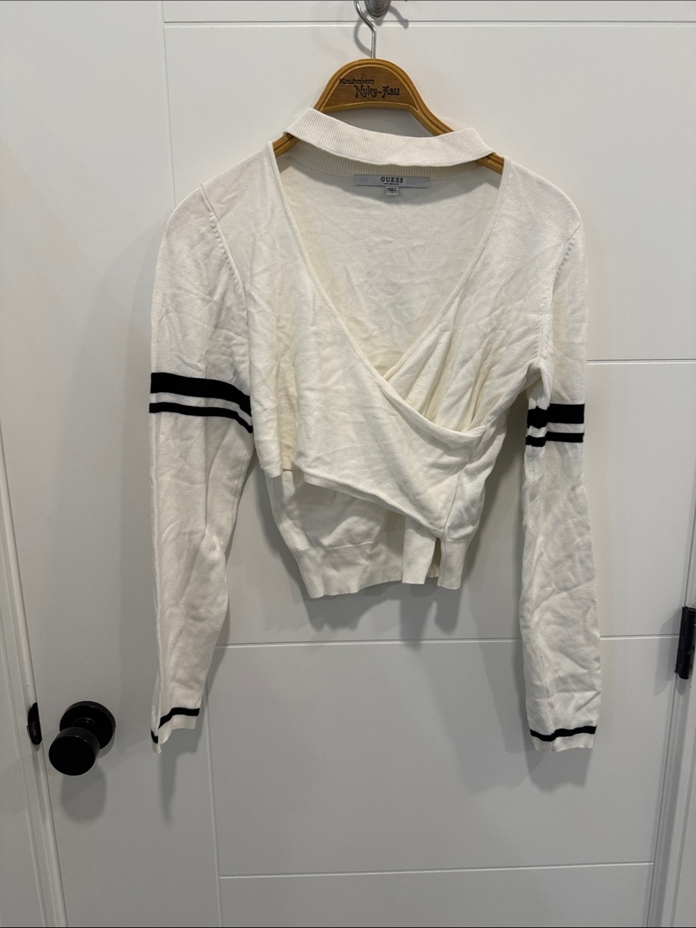 GUESS White Wrap-Style Long Sleeve Top with Black Stripe Accents size large